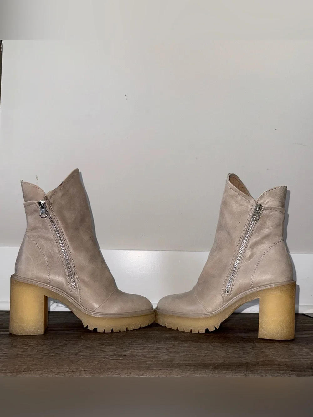 Free People Taupe Leather Zip-Up Chunky Heel Boots
